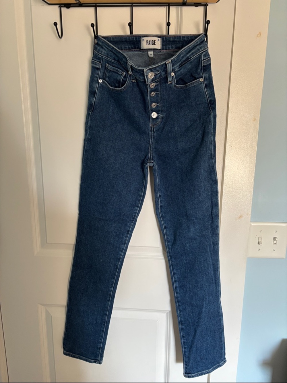 PAIGE Sarah High-Rise Button-Fly Jeans in Dark Indigo